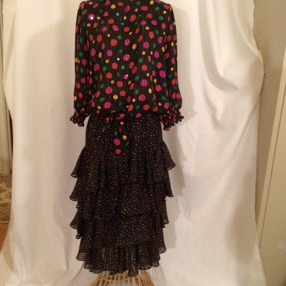 Montage by Mosaic 90s two piece top and skirt black with polka dots .
